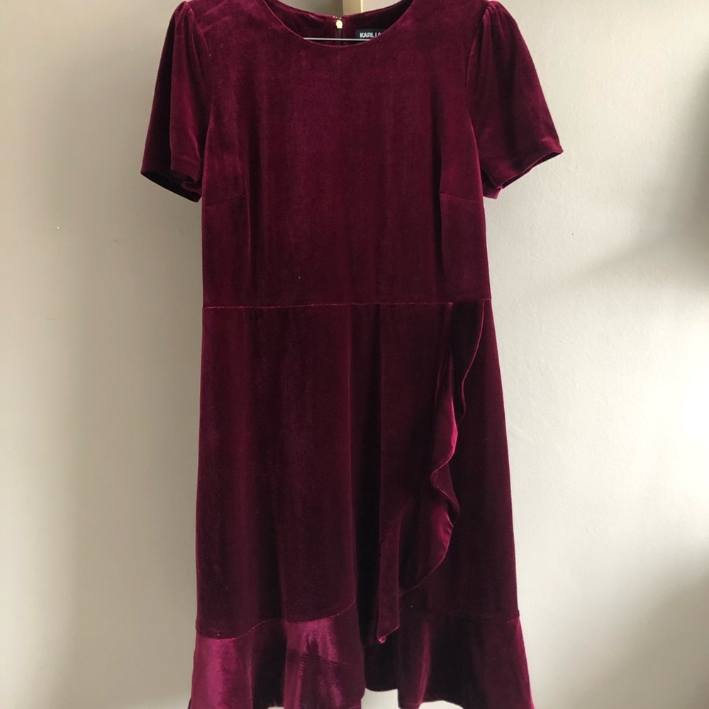 Maroon velvet faux wrap dress with ruffle trim